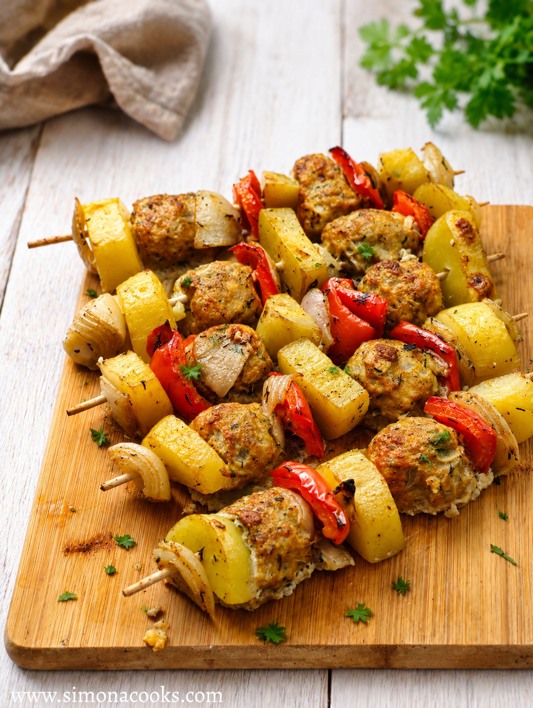 Easy Baked Meatball Skewers with Potatoes, Peppers & Garlic Dill Sauce